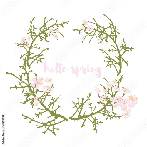 Vector floral background with green bare tree branches  and pink stylized apple or cherry tree flowers wreath.