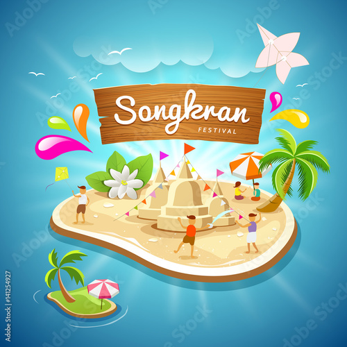 Songkran Festival summer in Thailand on blue sea background, vector illustration