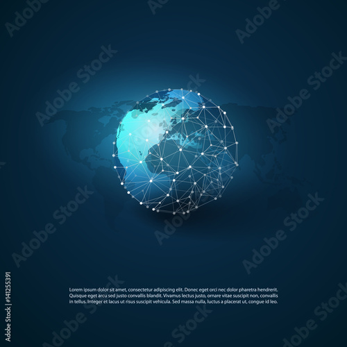 Cloud Computing and Networks with Globe - Abstract Global Digital Network Connections, Technology Concept Background, Creative Design Element Template with Wire Mesh Around the World
