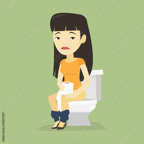 Woman suffering from diarrhea or constipation.