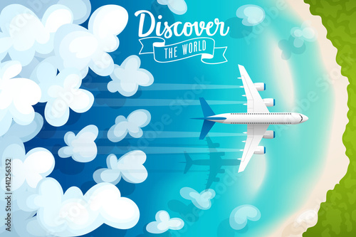 Passenger plane flying above clouds and tropical beach, travel poster.