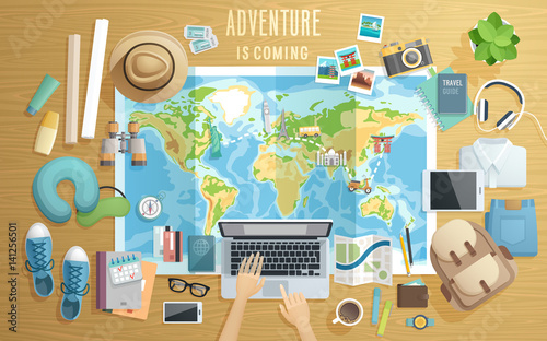 Preparing for the trip, Travel accessorieson wooden background.