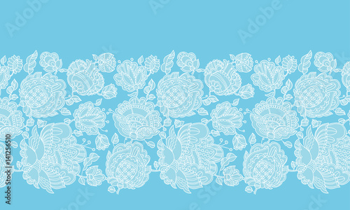Folk-style floral decorative border pattern inspired by Ukraine traditional embroidery. Two-color abstract flowers surface design for card, print, poster, wedding invitation, lace decor.