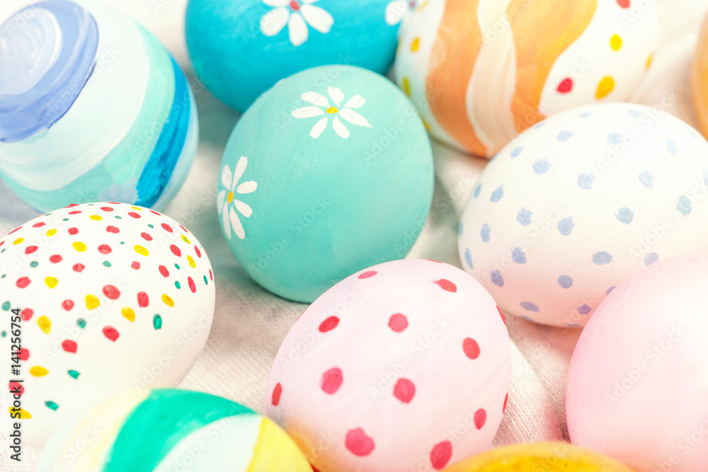  Colorful Easter Eggs on white with copy space..