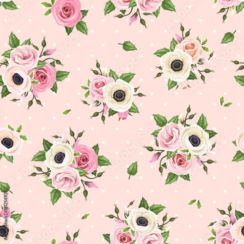 Vector seamless pattern with pink roses, lisianthus and anemone flowers on a pink background.