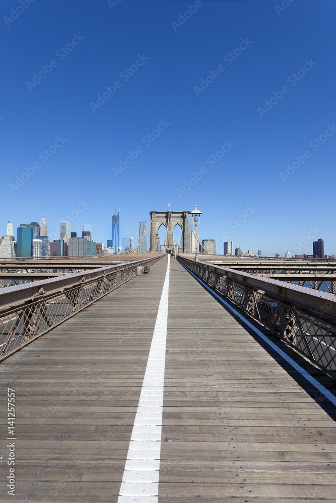New York City's pedestrian walkway on the Brooklyn Bridge.