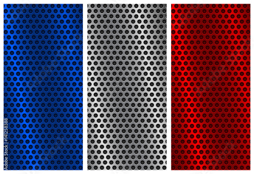 Metal perforated backgrounds. Blue, silver and red flyer templates