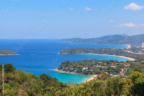 Landscape of Karon and Kata Beaches with blue sky background at Phuket, Thailand.