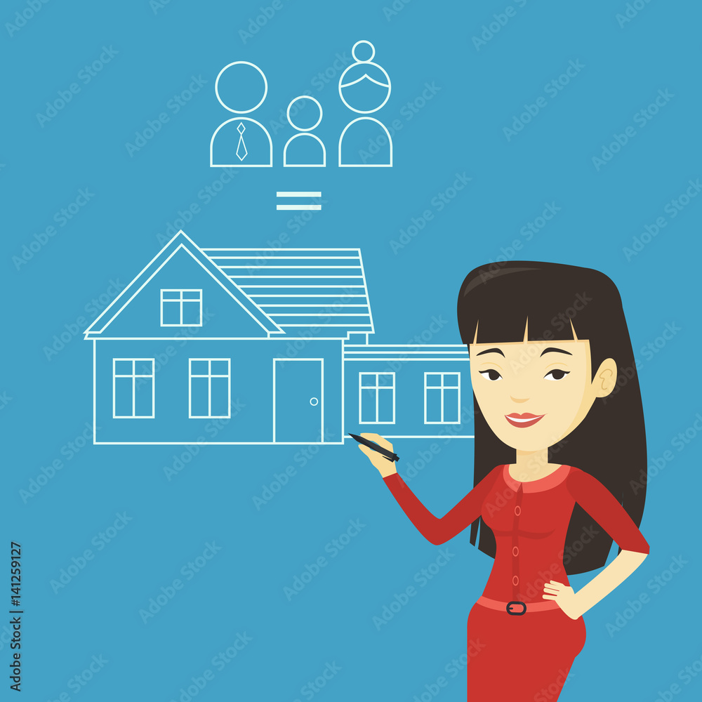 Young woman drawing her family house. Young woman drawing her family house.