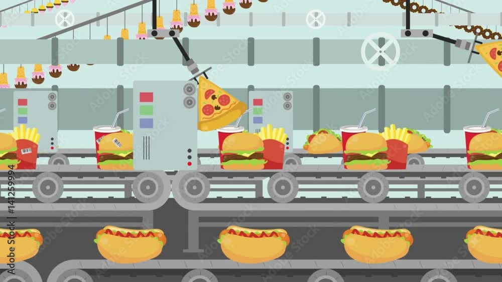 Cartoon Junk Food Factory Filled with different kind of Fast Food Stock ...