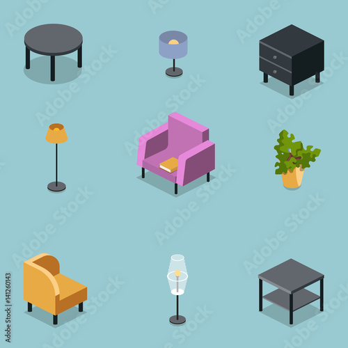 Vector isometric set of modern living room furniture, home constructor, armchair, floor lamp,coffee table flower pot,table lamp, bedside table,3d flat design,interior design elements.