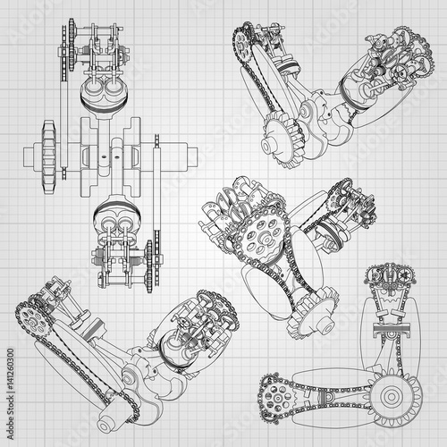 Various engine components, pistons, chains, nozzles and valves are depicted in the form of lines and contours. 3D drawing of assembly and parts.