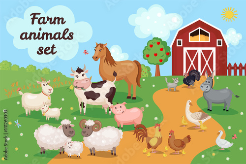 Illustration with farm animals and birds