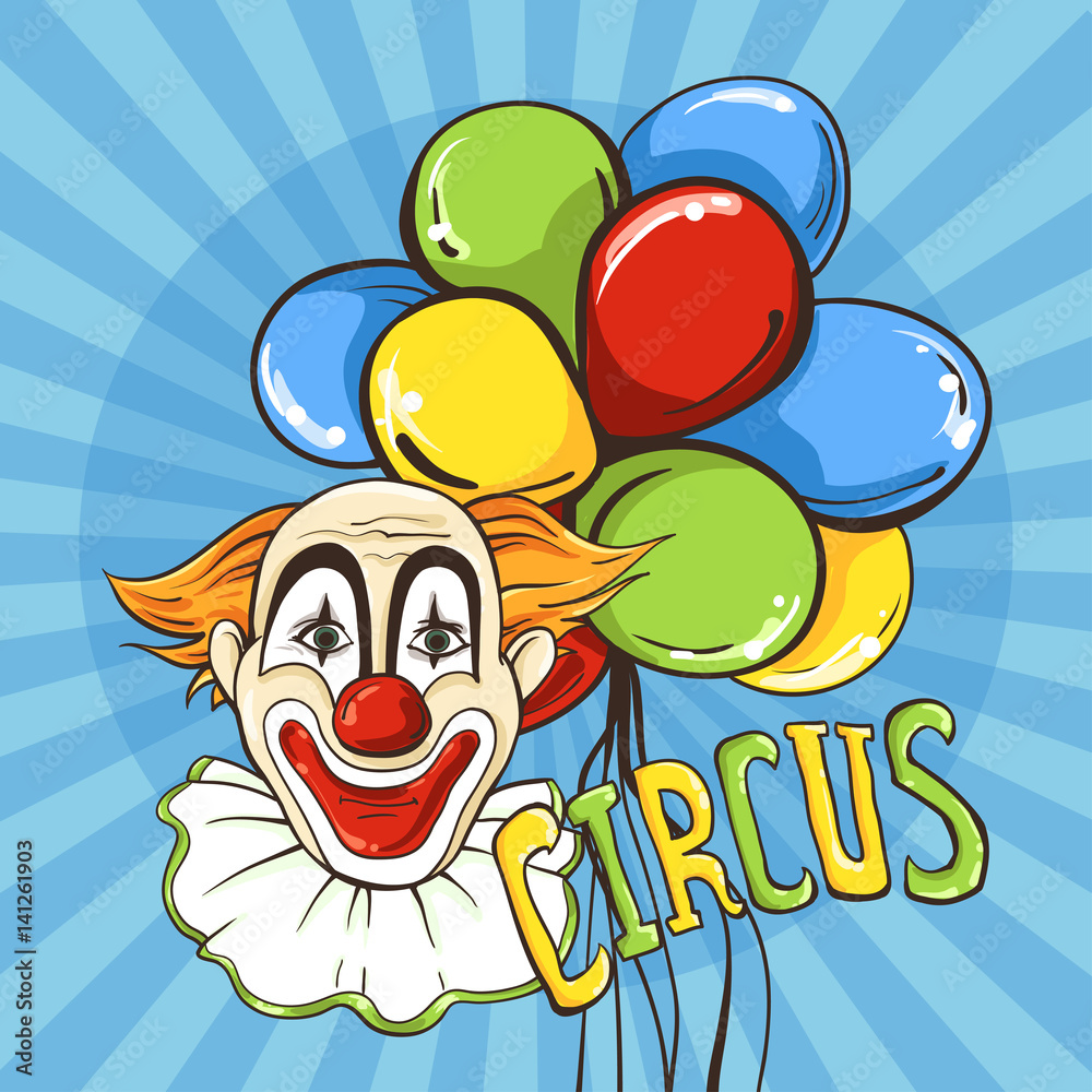 Blue poster with clown and balloons. Vector illustration Blue poster with clown and balloons. Vector illustration