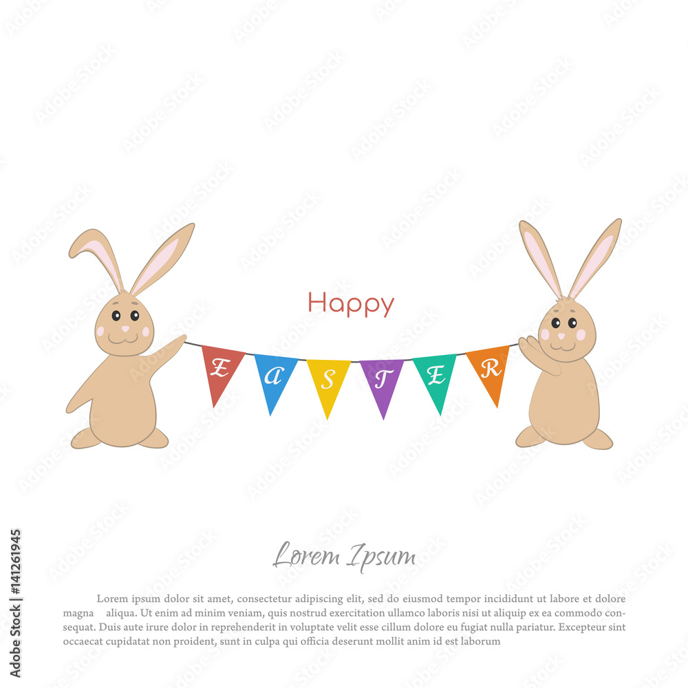 Easter bunnies with a garland of flags. Cute rabbits in cartoon style on a white background
