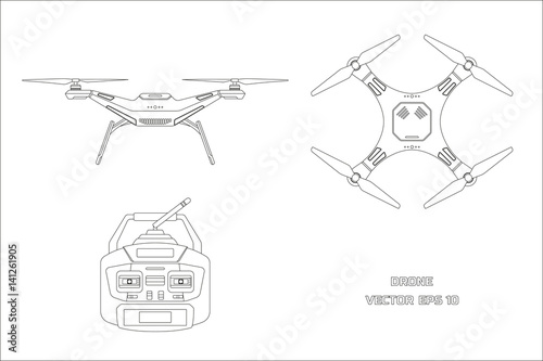 Outline drawing of drone on a white background. The control panel of quadrocopter . Front, top view