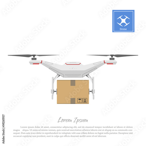 Drone delivering cardboard box. Realistic image of quadrocopter on white background