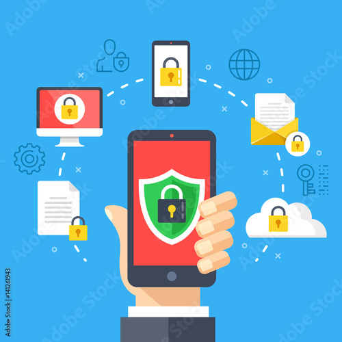 Mobile security, data protection concept. Hand holding smartphone, shield lock icon. Modern flat design graphic elements, thin line icons set. Vector illustration