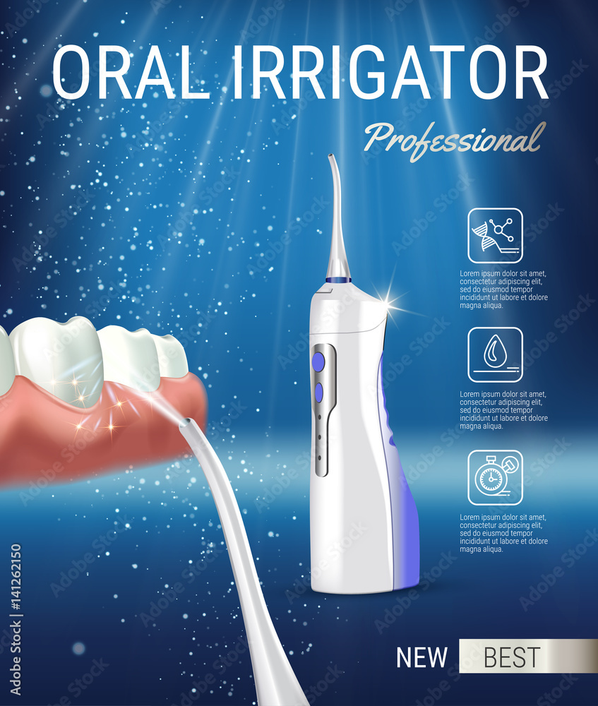 Electric Oral Irrigator ads. Vector 3d Illustration with Portable Water  Pick Flosser. Stock Vector | Adobe Stock