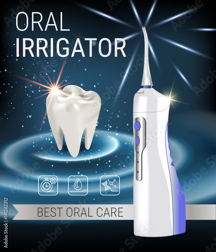 Electric Oral Irrigator ads. Vector 3d Illustration with Portable Water Pick Flosser.