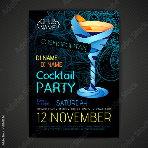 Disco cocktail party poster. 3D cocktail design.
