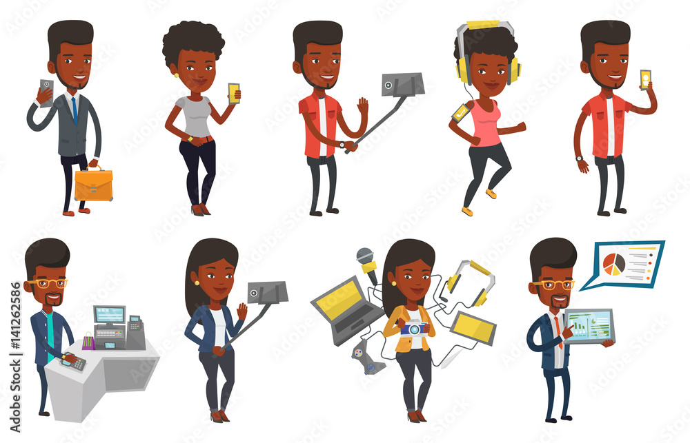 Vector set of people using modern technologies. Vector set of people using modern technologies.