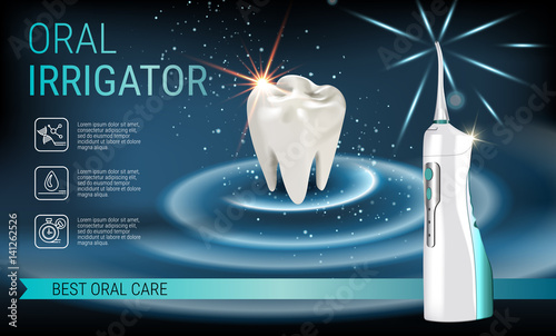 Electric Oral Irrigator ads. Vector 3d Illustration with Portable Water Pick Flosser.