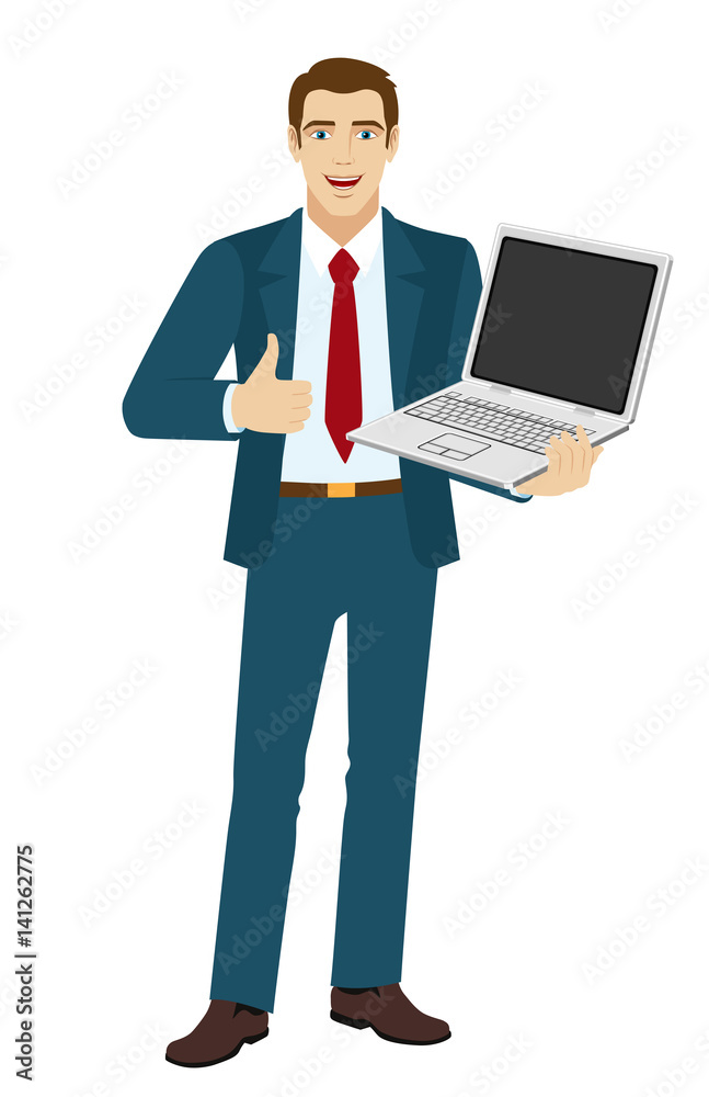 Businessman holding laptop notebook and showing the thumb up Businessman holding laptop notebook and showing the thumb up