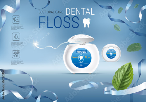 Dental floss ads. Vector 3d Illustration with tooth floss.