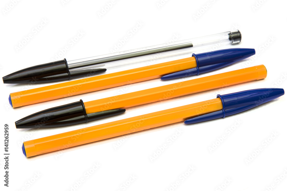 Multicolor disposable ballpoint pens isolated on white background Multicolor disposable ballpoint pens isolated on white background
