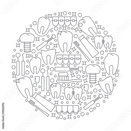 The modern round logo or emblem of the dental clinic. Icons of sickness and teeth treatment. Vector illustration.