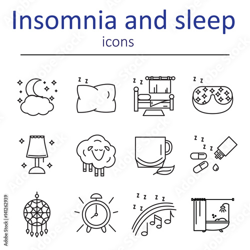 The icons in the style of the outline of the characters of healthy sleep and insomnia. Vector illustration.