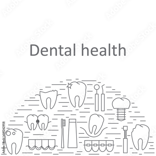 The modern round logo or emblem of the dental clinic. Icons of sickness and teeth treatment. Vector illustration.