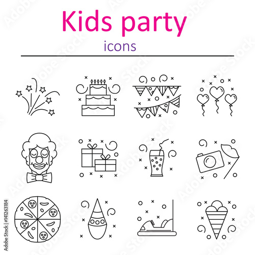 Attributes accessories drinks entertainment venue for children's holiday. Set of icons of kids party. Vector illustration.