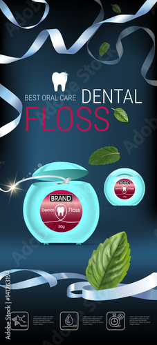 Dental floss ads. Vector 3d Illustration with tooth floss.