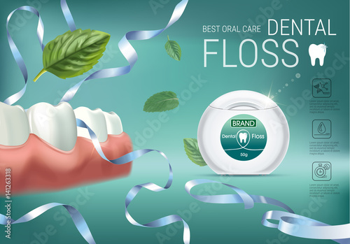 Dental floss ads. Vector 3d Illustration with tooth floss.