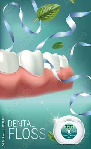 Dental floss ads. Vector 3d Illustration with tooth floss.