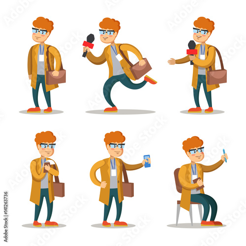 Journalist Cartoon Character Set. Man with Microphone. Vector illustration