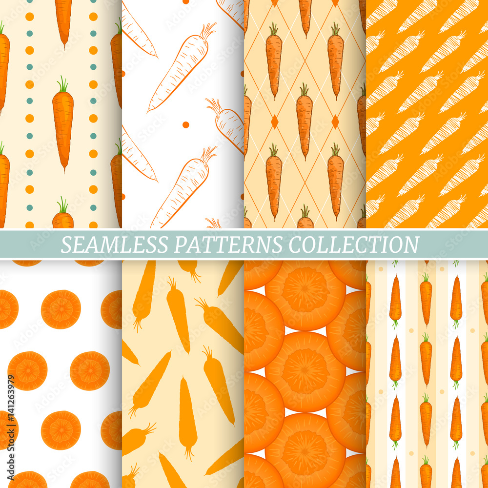 Set of seamless vector patterns with carrots. Collection of seamless vegetable background for fabric, wallpaper, Thanksgiving Day, wrapping, textile.