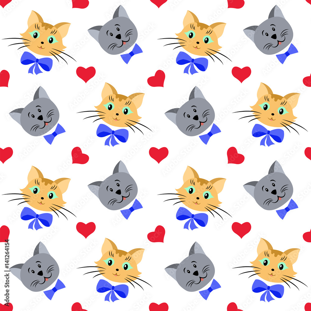 Fototapeta premium Seamless pattern with cats and hearts, cat holiday, Valentine's Day