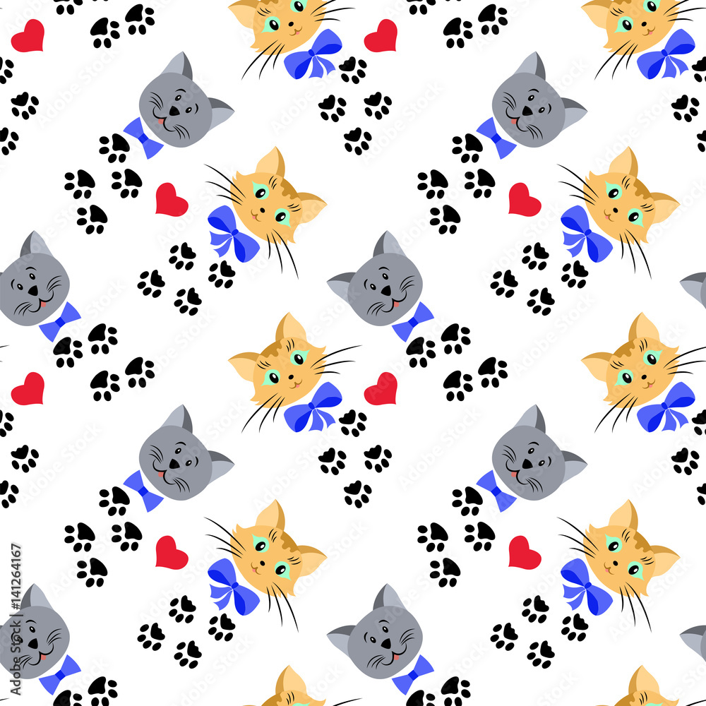 Seamless pattern with cats muzzles, cat traces, hearts, he and she, bow the cat, the cat butterfly.