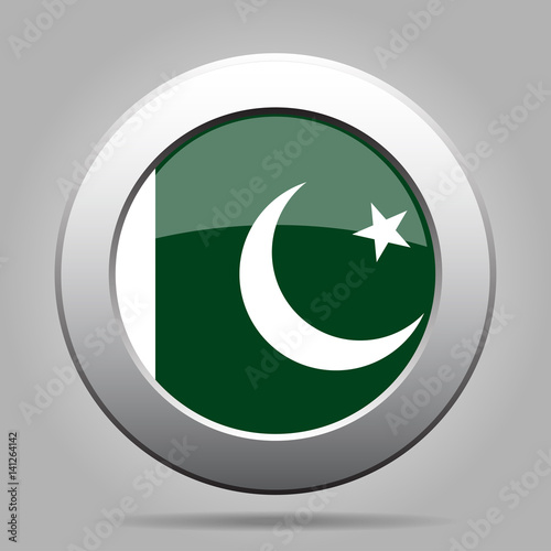 Flag of Pakistan. Shiny metal gray round button.