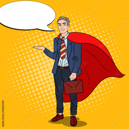 Pop Art Smiling Super Businessman in Red Cape Pointing on Copy Space. Business Presentation. Vector illustration
