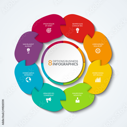Infographic pie chart. Vector circle template that can be used for graph, chart, diagram, step options. Business concept of 8 connected parts, segments.