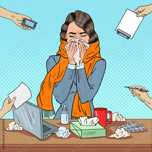 Pop Art Business Woman Sneezing at Multi Tasking Office Work. Vector illustration