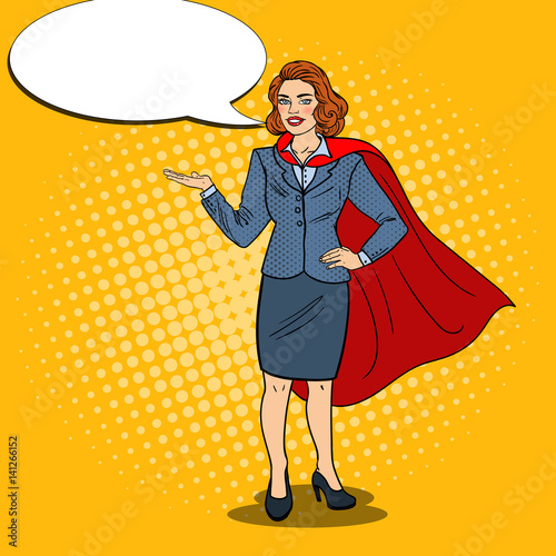 Pop Art Happy Super Business Woman in Red Cape Pointing on Copy Space. Presentation. Vector illustration