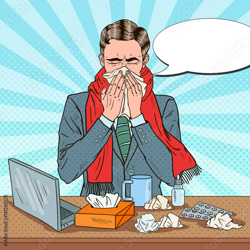 Pop Art Businessman Sneezing at Office Work. Man with Flu. Vector illustration