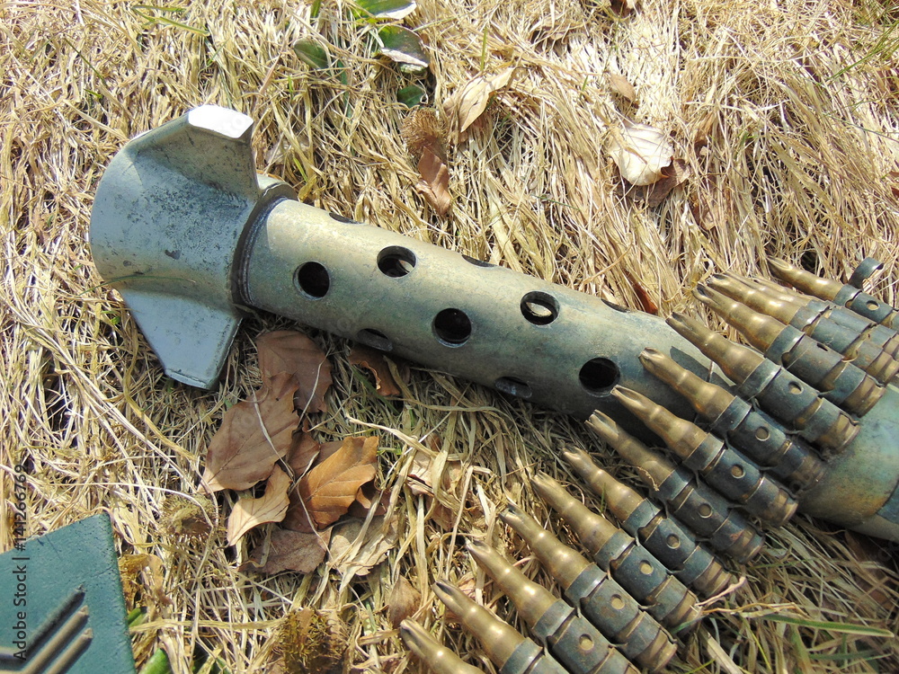 Military rank with ammunition from World War 2 laying in straw 스톡 사진