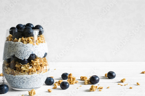 blueberry yogurt parfait with granola, oats and chia seeds