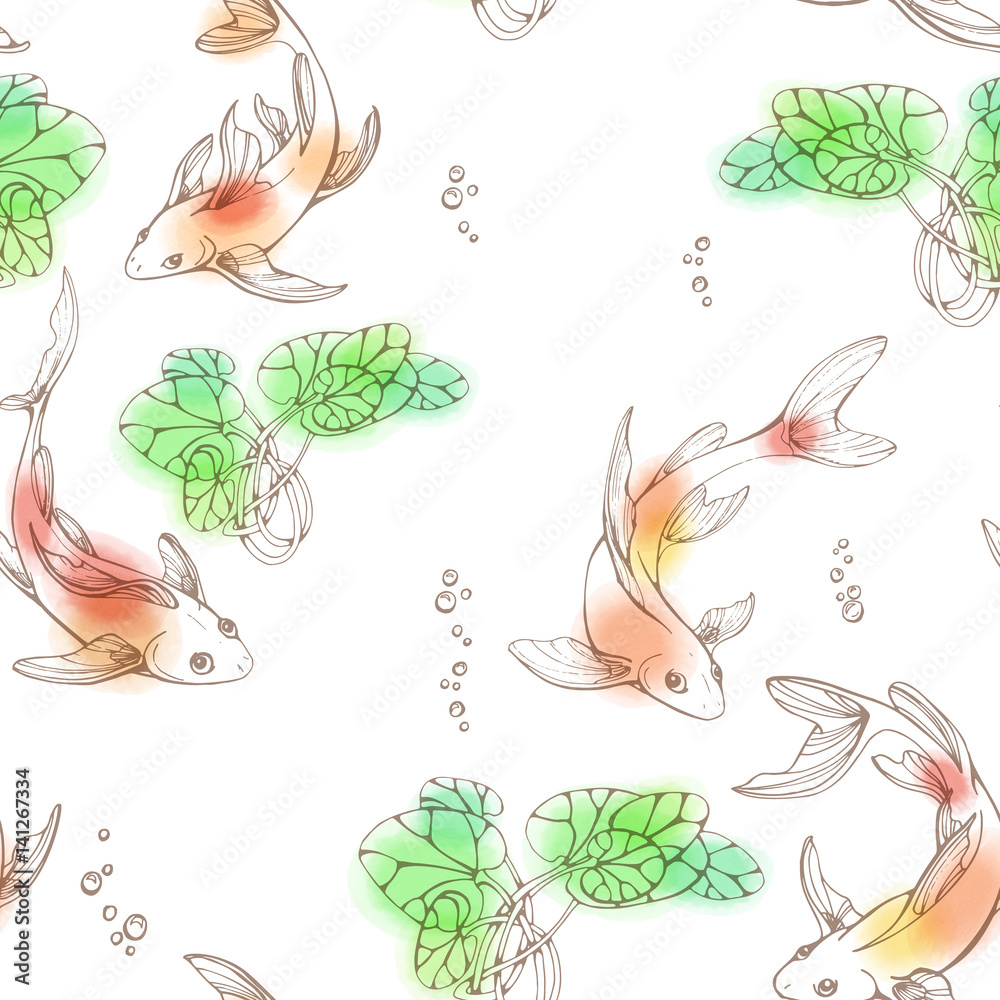 Obraz premium Stylized seamless fishes and lily pads.